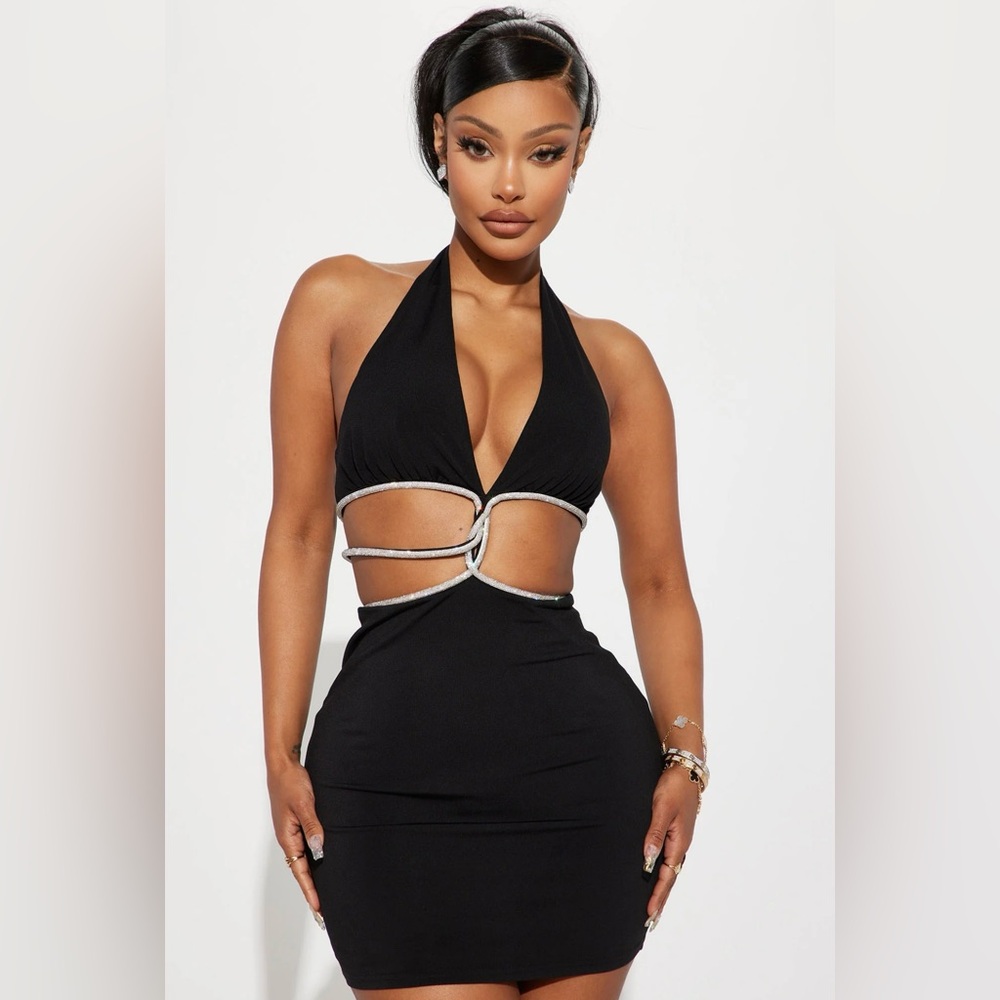 NWT Fashion Nova Stepping Out Embellished Black Mini Dress - Size Medium